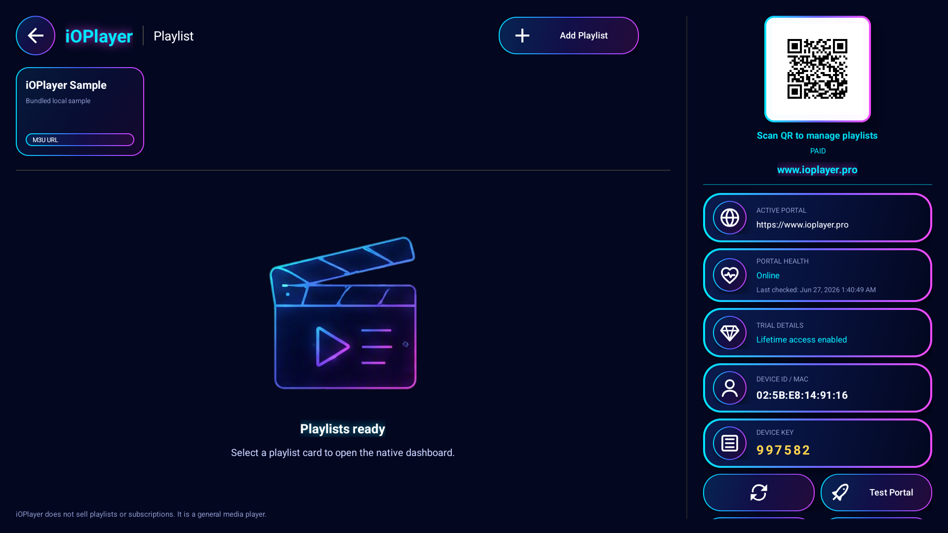 iOPlayer TV playlist board with Neon Premium theme
