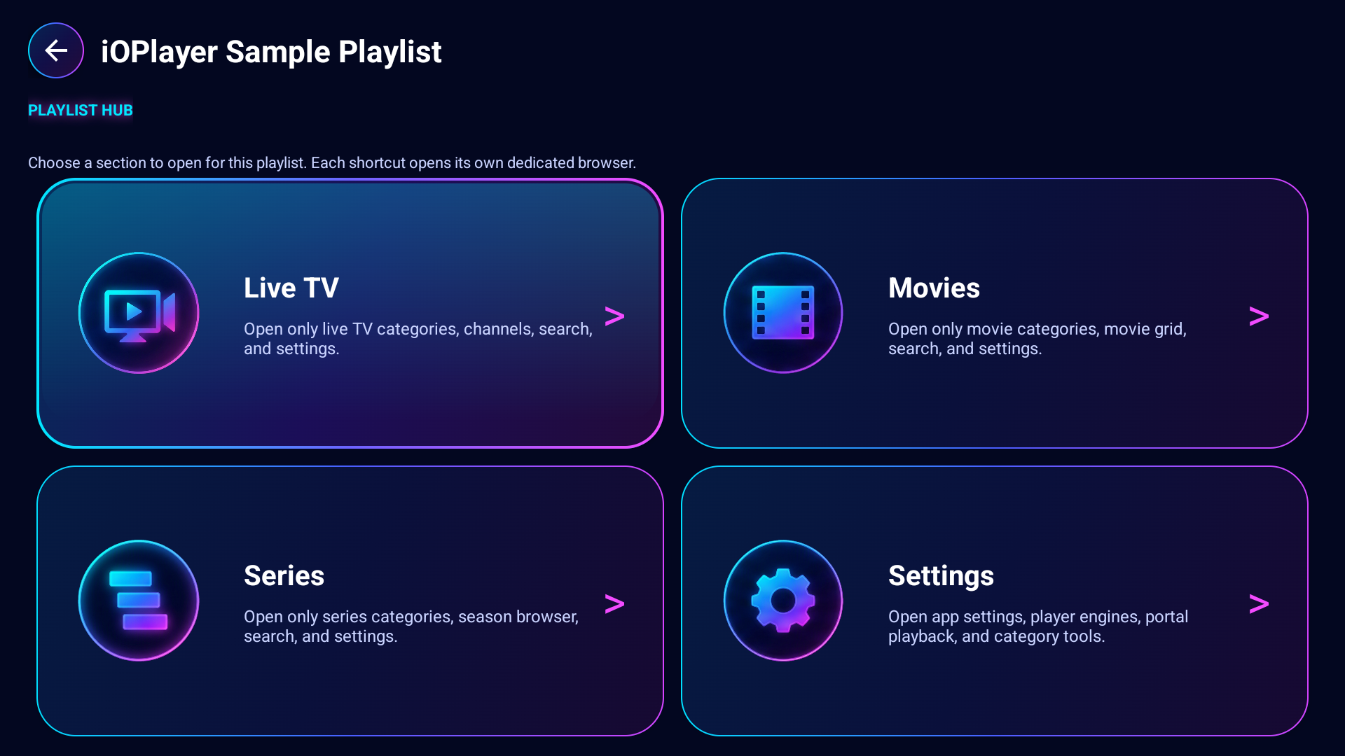 iOPlayer TV dashboard navigation screen